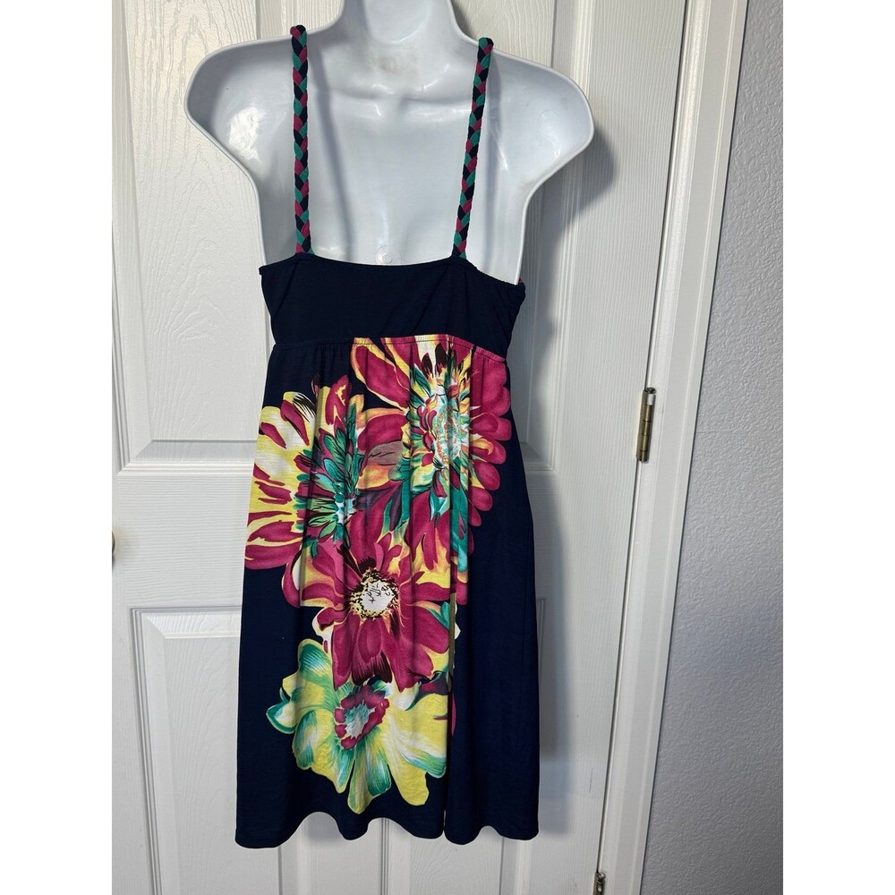 Navy Floral Casual Sleeveless Dress Braided Straps Size M